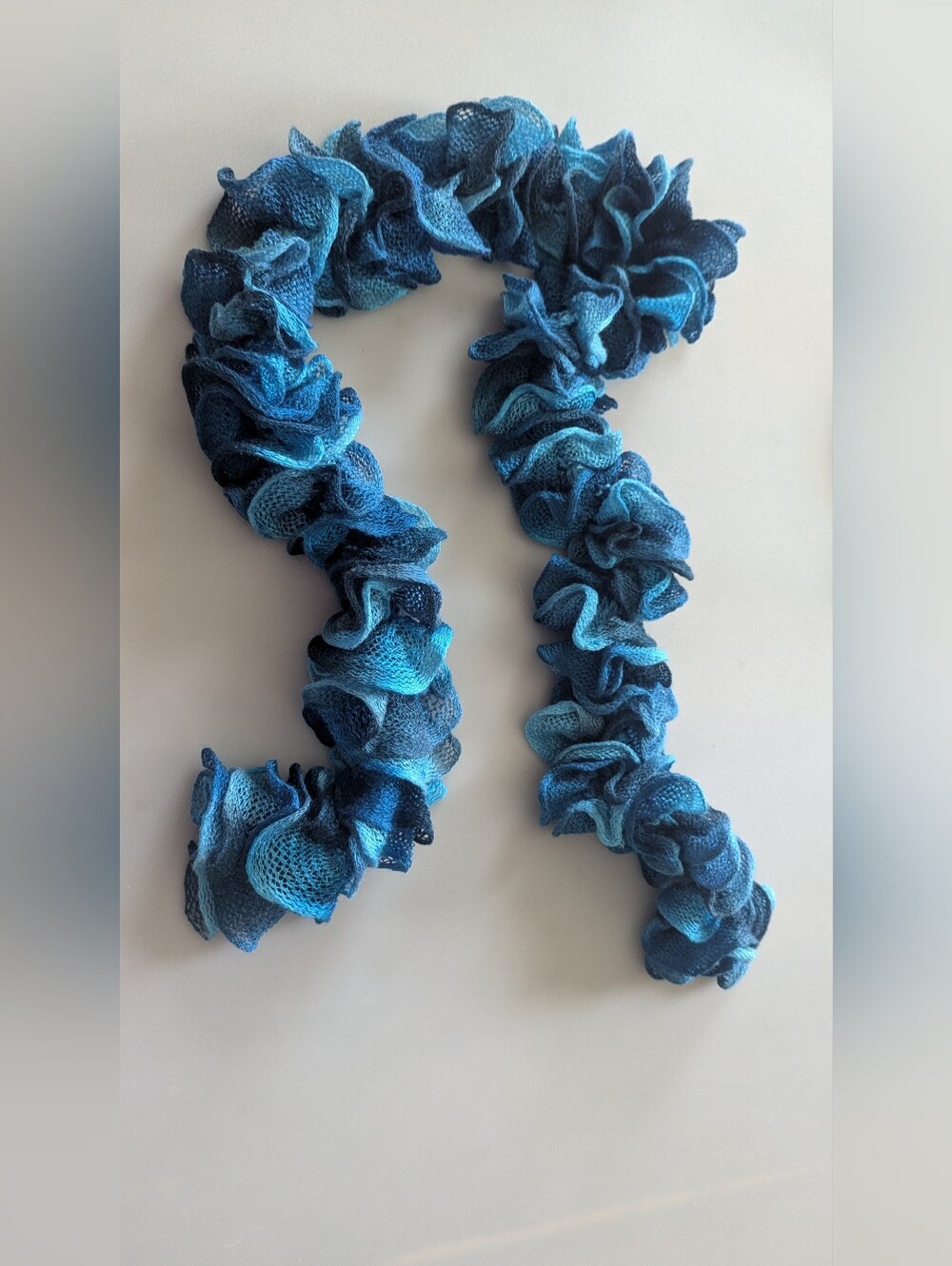 Multicolor Handmade Crocheted Fashion Ruffle Scarf Shades of Blue Teal 60" Long - Picture 2 of 14